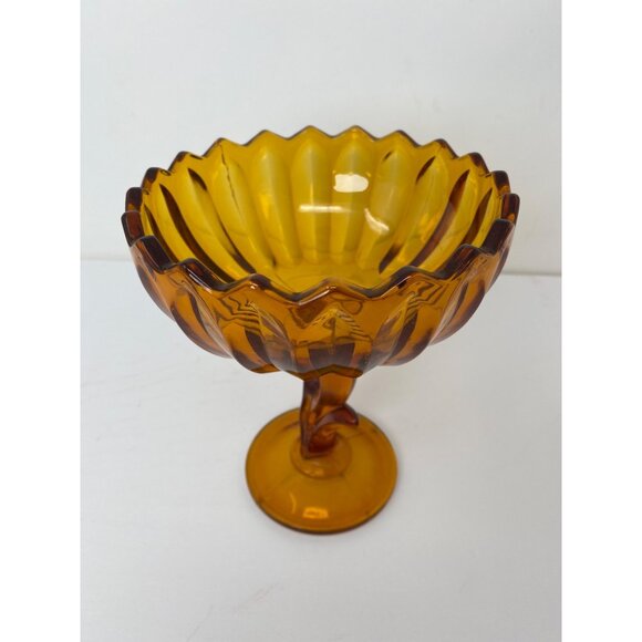 Vintage MCM 7" Indiana Amber Glass Lotus Blossom Pedestal Compote Candy Dish - Picture 2 of 4